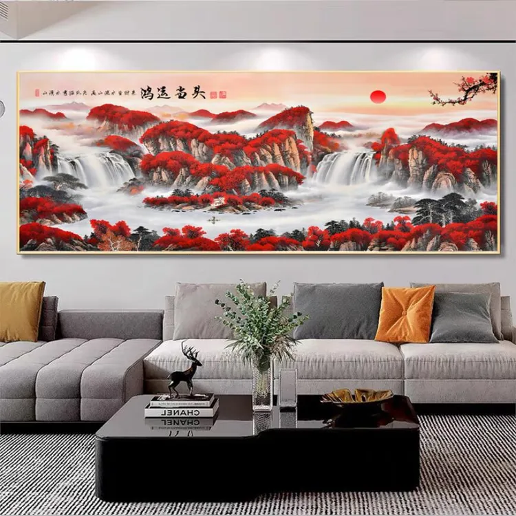 鸿运当头横幅装饰画新款山水聚宝盆客厅沙发办公室客厅背景墙挂画