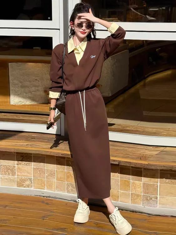 时尚套装裙女2025秋季新款洋气显瘦减龄假两件上衣半身裙两件套潮
