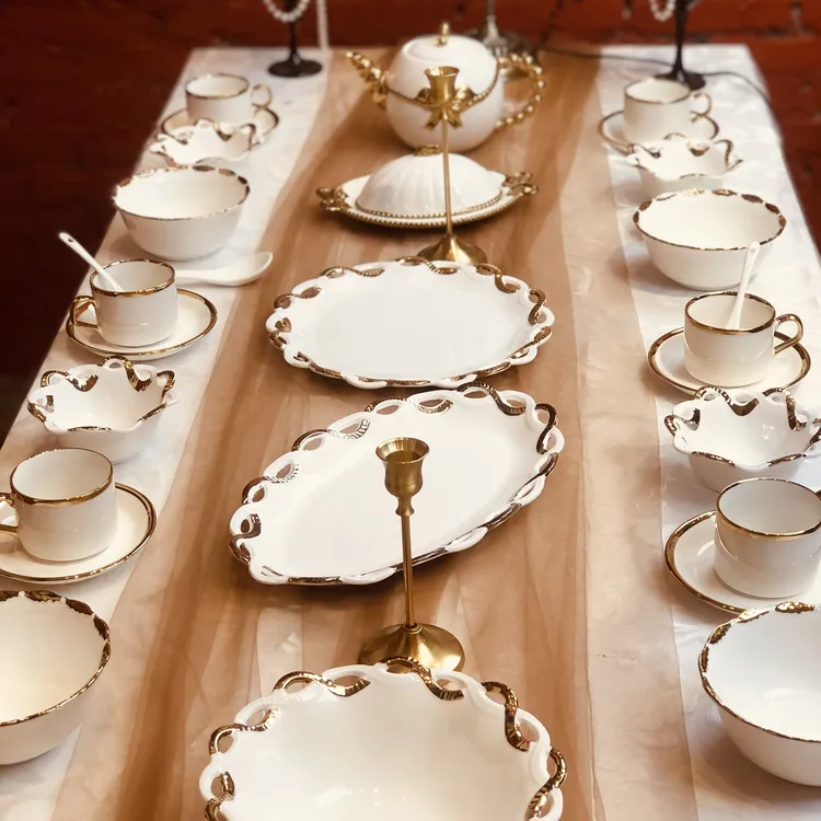 （hasoy新疆包邮）餐具套装家用金边陶瓷杯碟轻奢碗早餐套装