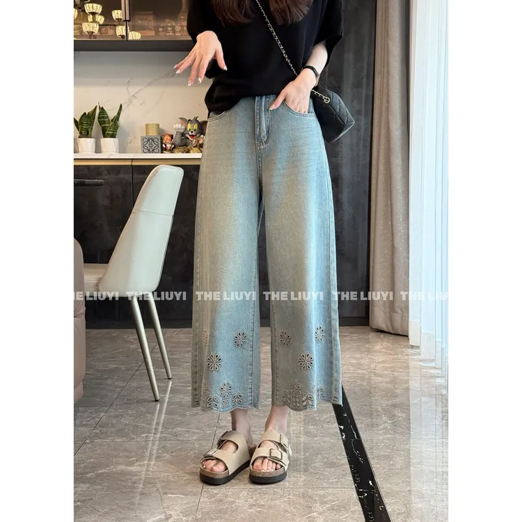 【LIUYI】高腰花朵镂空天丝混纺宽松九分牛仔裤561811