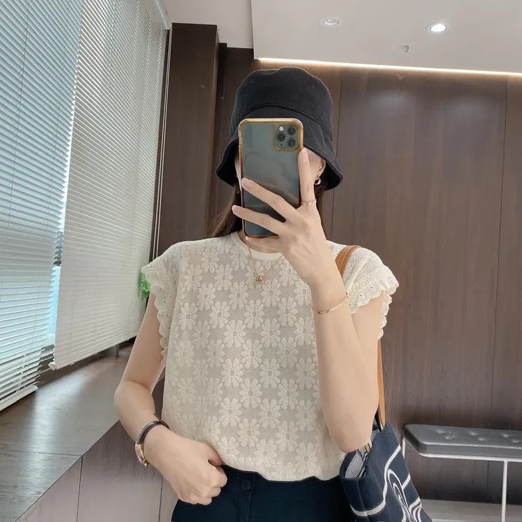 IMFLY金小金自制女装 莱赛尔针织衫DYW9508甜美提花蕾丝拼接上衣