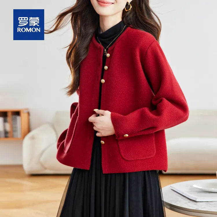 罗蒙春秋季红色针织衫毛呢外套短款女秋装年轻妈妈装外搭开衫上衣