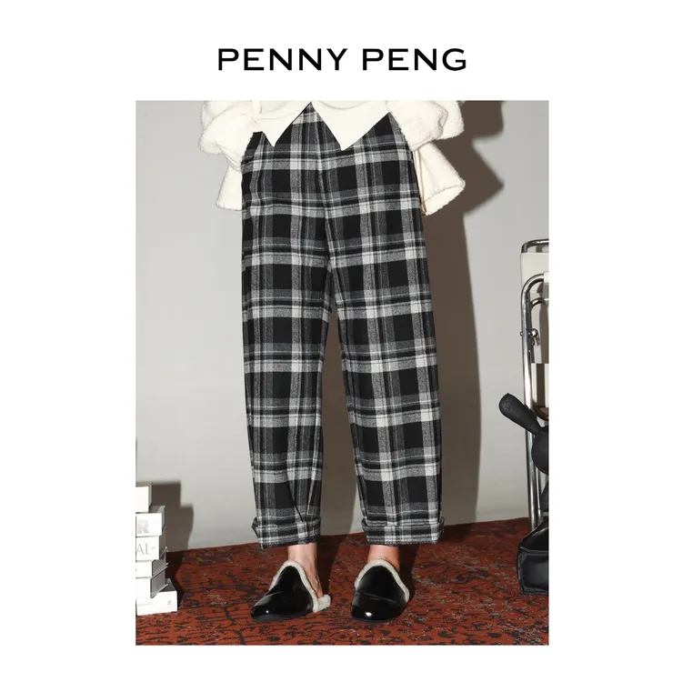 PENNYPENG生活小记 时髦洋气秋冬气质显瘦高腰羊毛直筒宽松格子裤