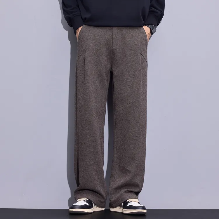 Kuvine秋冬季加绒加厚肌理感松紧腰垂感休闲针织立体解构直筒西裤