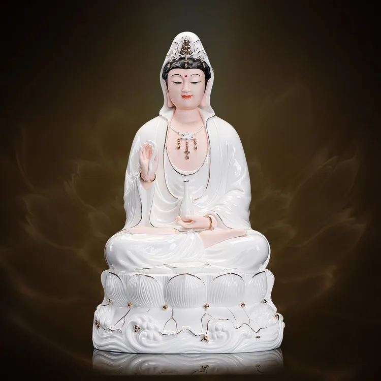瓷之印 德化陶瓷坐莲观世音菩萨中式佛像家用佛堂客厅摆件