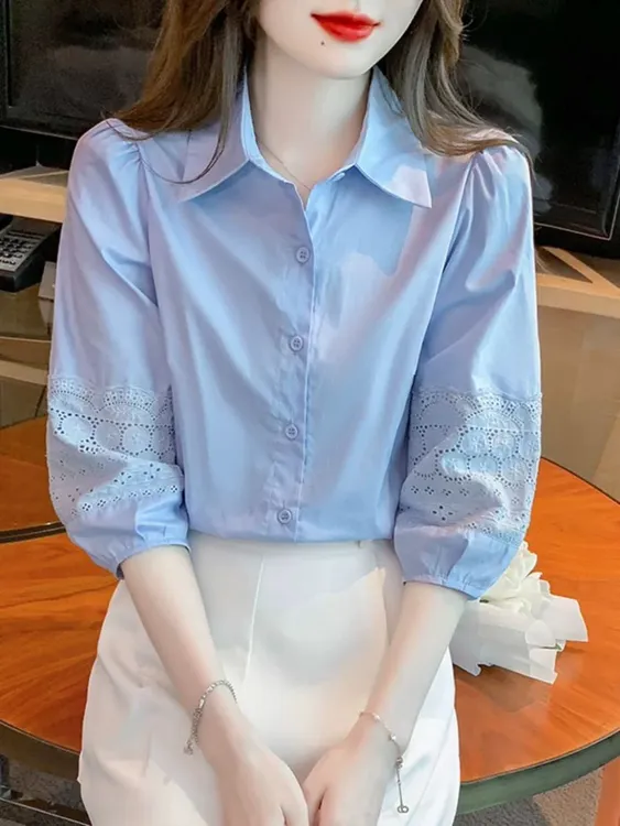 欧货宽松遮肚七分袖衬衫女夏法式高级感轻奢小个子polo领纯棉衬衫