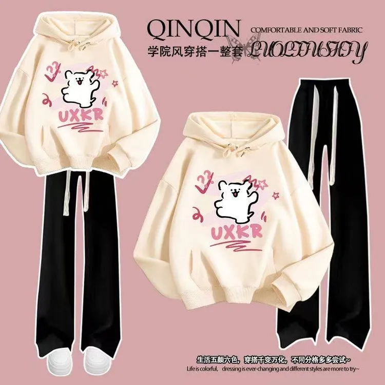女童加绒连帽卫衣长裤套装春秋新款卡通线条小狗中大童冬装两件套