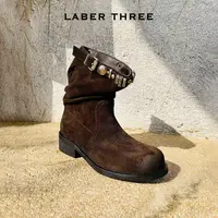LABERTHREE25秋季原野牧歌扣饰堆堆靴复古时尚西部靴粗跟短靴