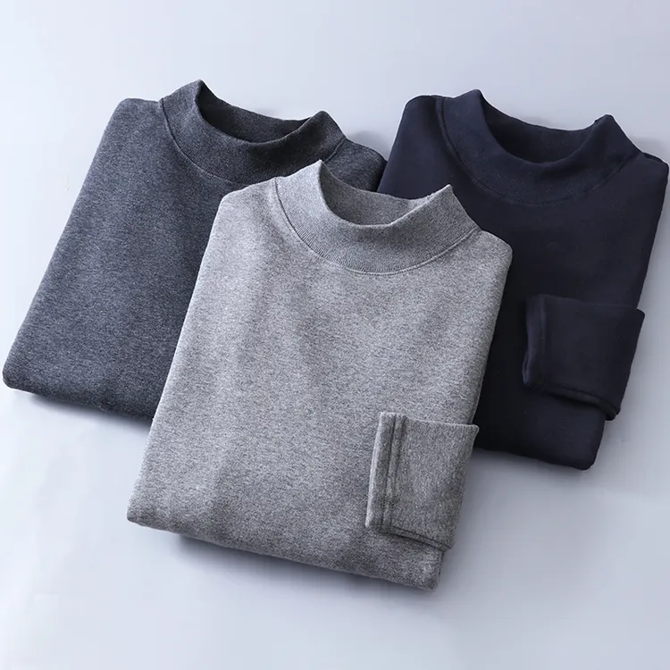 男士半高领保暖内衣加绒加厚中老年人秋衣上衣打底衫中领衬衣线衣