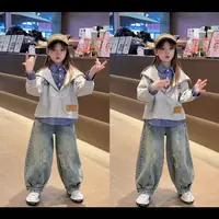 童装儿童2025新款韩版时尚春秋季休闲连帽假两件衬衫卫衣牛仔套装