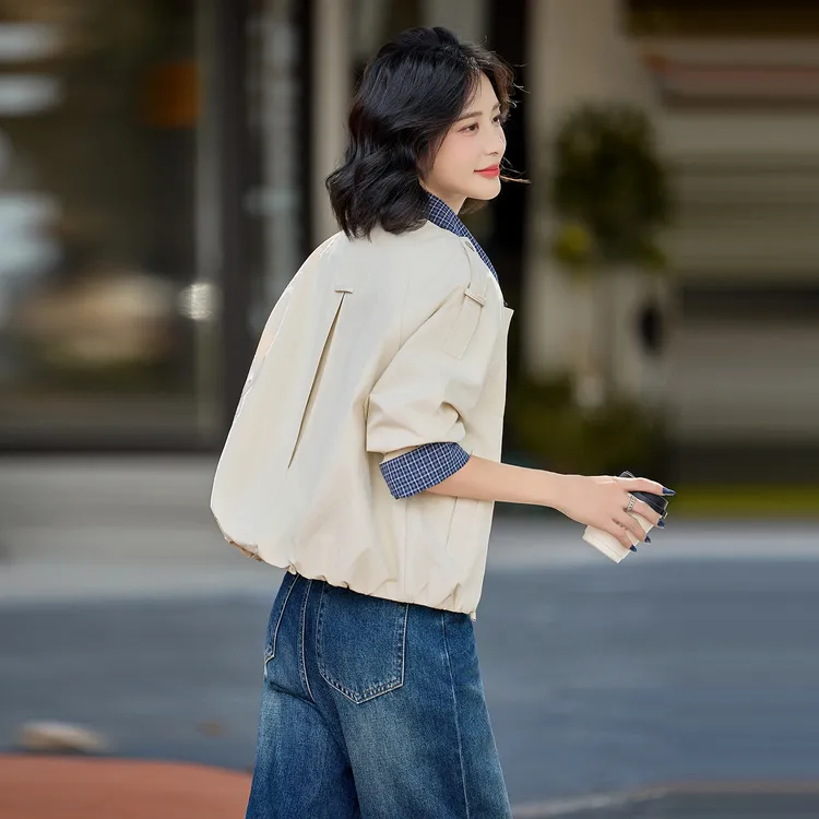 2025春秋新款格子拼接设计假两件夹克上衣外套学院风秋季女生风衣