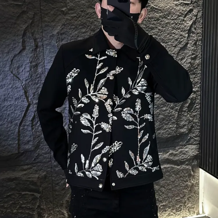 潮款刺绣银叶繁花演出服夜场歌手酒吧演艺流苏亮片男装夹克外套