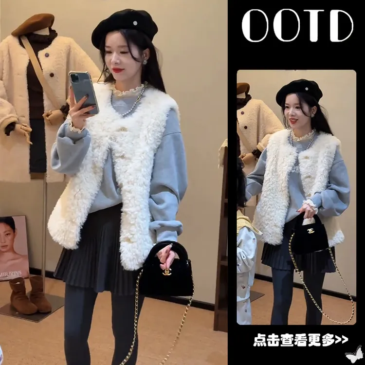 秋季流行穿搭一整套女2025新款拼接蕾丝卫衣毛绒外套百褶裙三件套