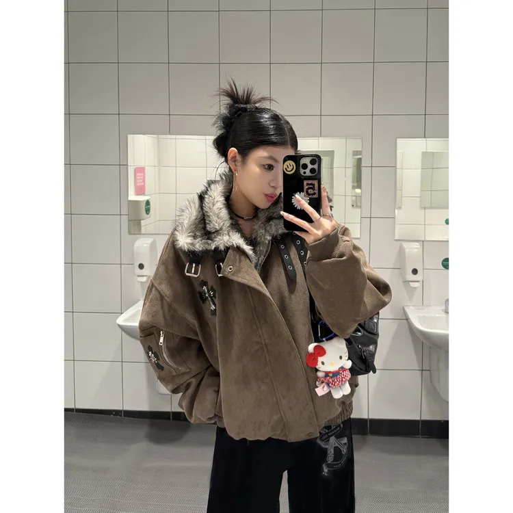 KOIISLE 毛领座山雕棉服外套女十字架加绒加厚夹克冬季新款棉衣