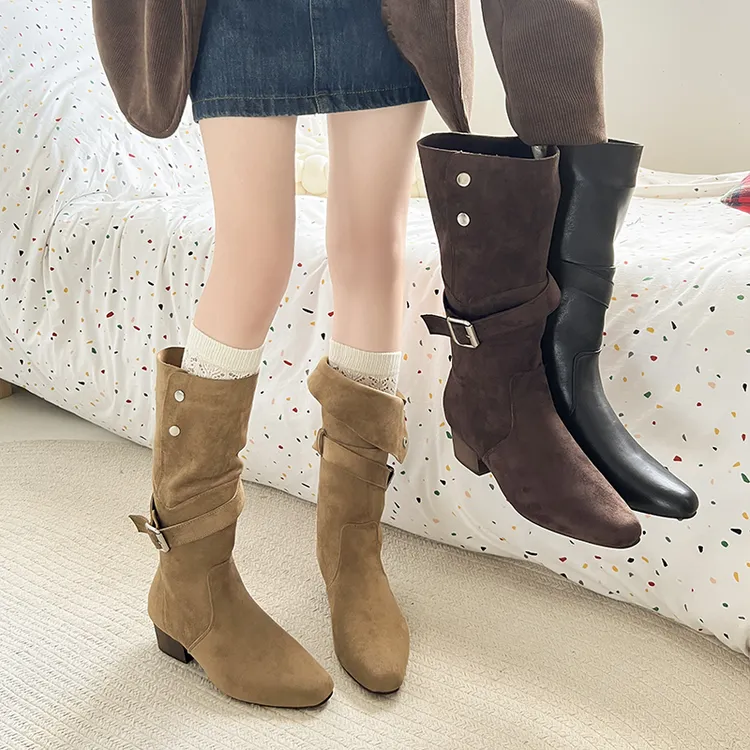 秋冬季新款法式复古尖头骑士靴短靴女黑色靴子长筒靴长靴女中筒靴