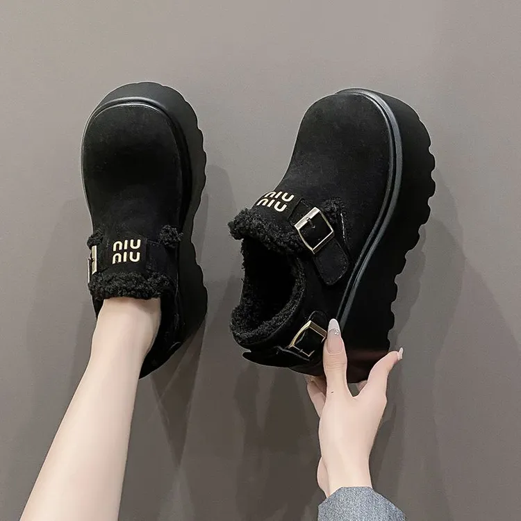 8cm厚底包头半拖勃肯鞋女2026新款冬季加绒小个子增高坡跟棉拖鞋