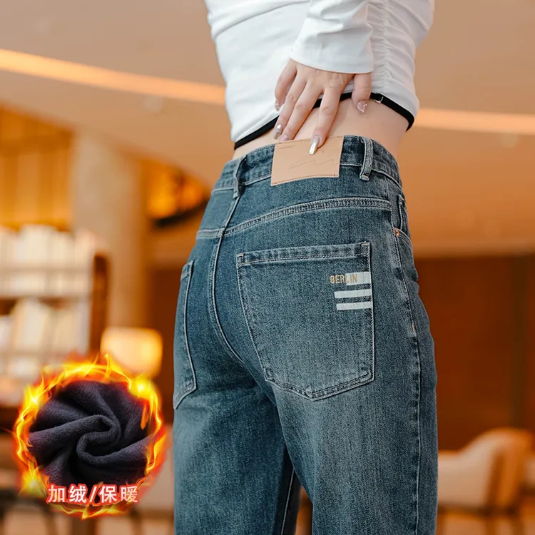 2025秋冬复古直筒舒适牛仔裤男弹力修身潮流百搭牛仔加绒加厚长裤