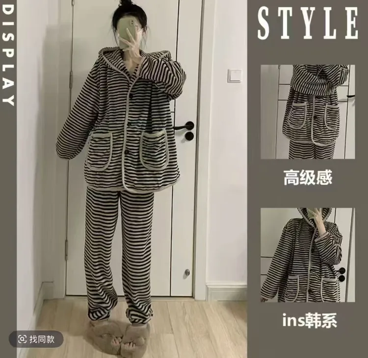 珊瑚绒睡衣女冬季简约条纹甜美连帽少女休闲家居服套装
