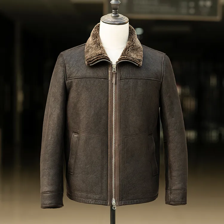 高端复古重水洗羊皮毛一体男简约百搭休闲外套冬保暖防风夹克翻领