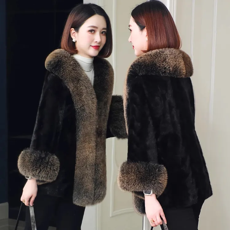 2025年冬季短款海宁水貂毛狐狸毛领中年妈妈貂皮大衣新款皮草外套