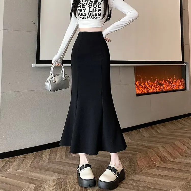 秋冬2025新款中长款裙子女气质黑色加绒高腰包臀鱼尾裙半身裙长裙