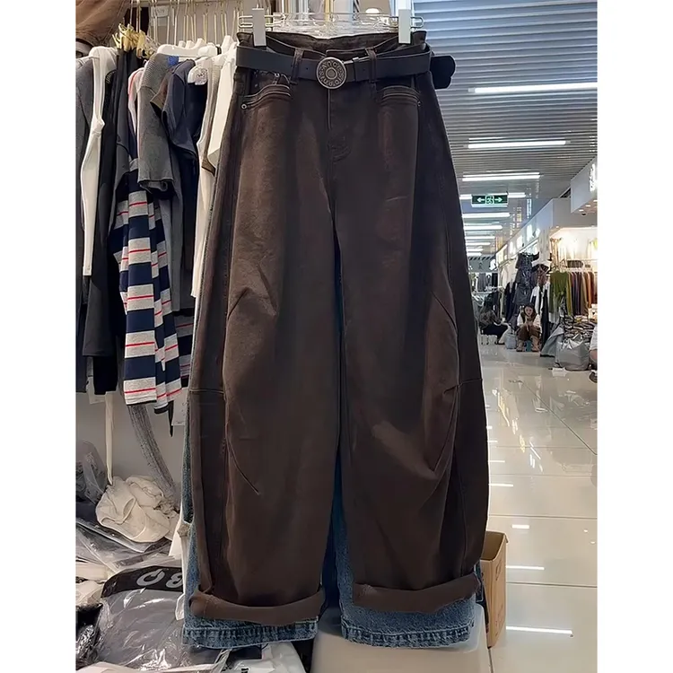 大码复古美式弯刀牛仔裤女秋冬胖mm梨形身材高腰显瘦直筒阔腿裤子