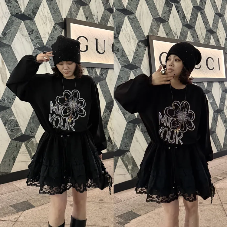 YDFSTUDIO小众【闪耀女人】欧货烫钻抽绳蕾丝拼接设计时尚卫衣裙