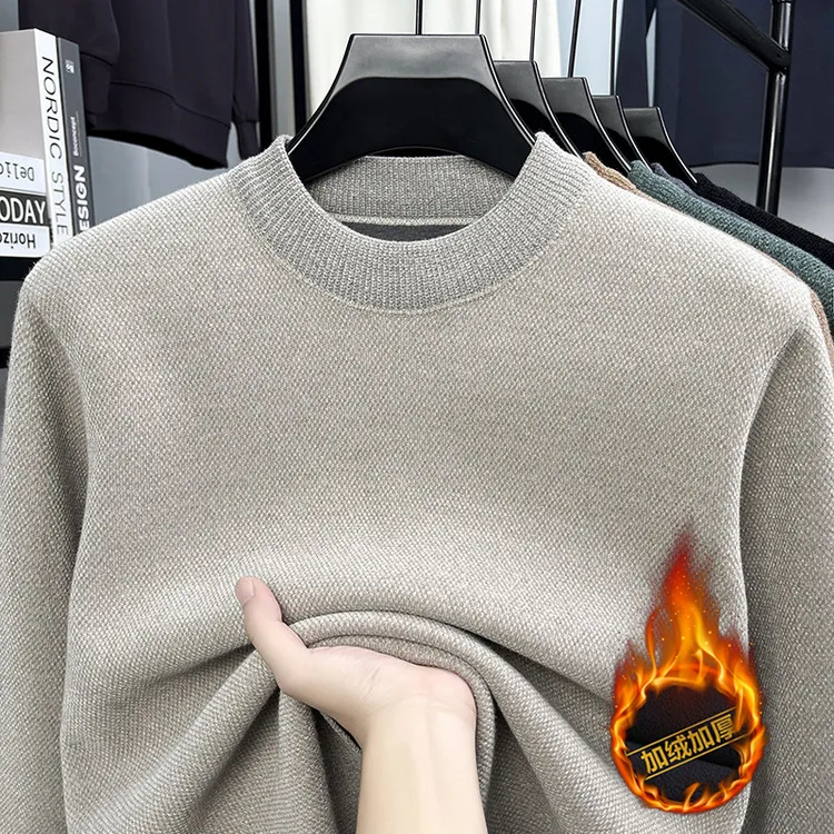 雪貂绒雪尼尔针织衫冬季加绒加厚纯色圆领男士纯色毛衣打底衫保暖