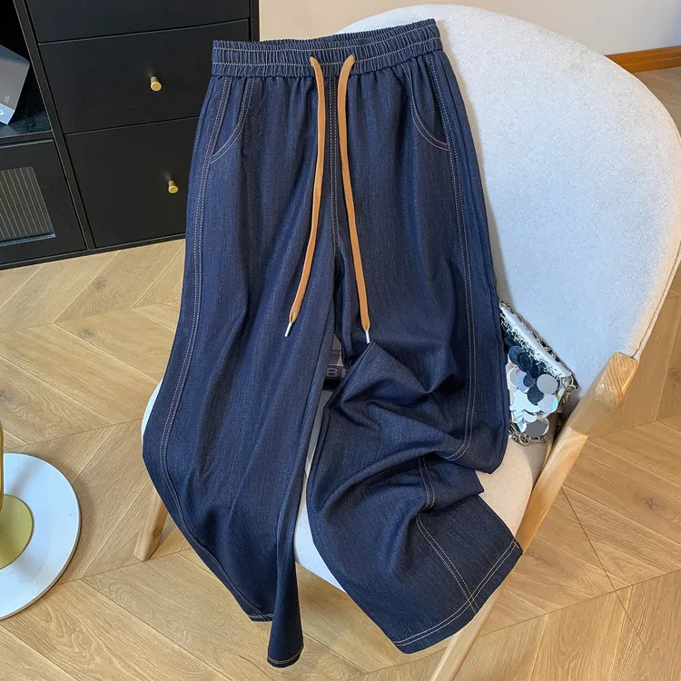 天丝软牛仔香蕉阔腿裤女2025夏季新款垂感抽绳高腰百搭休闲直筒裤