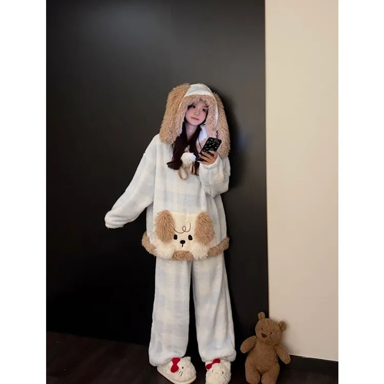 冬季新款毛绒可爱长耳加绒加厚连帽家居服套装蓝色格子甜美睡衣女