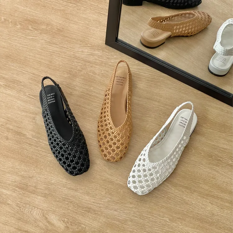 HUSSLOVE 编织·跟高2CM·百搭时尚夏季平跟平底包头编织包头凉鞋女