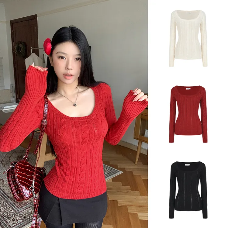 Moses Queen/魔西女王圣诞穿搭红色U领毛衣冬季绞花针织衫上衣女