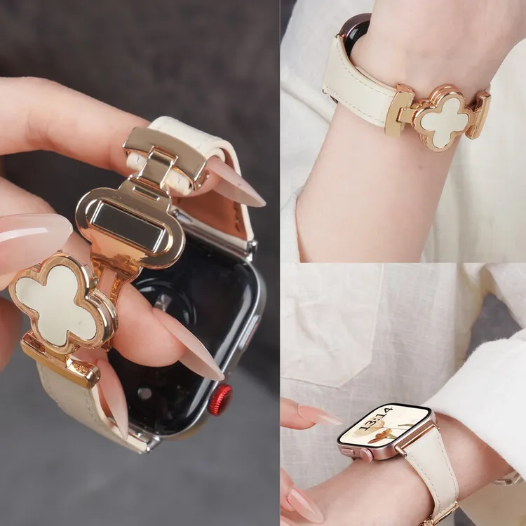 适用华为fit4表带四叶草小蛮腰真皮腕带watch fit3手表女款秋冬