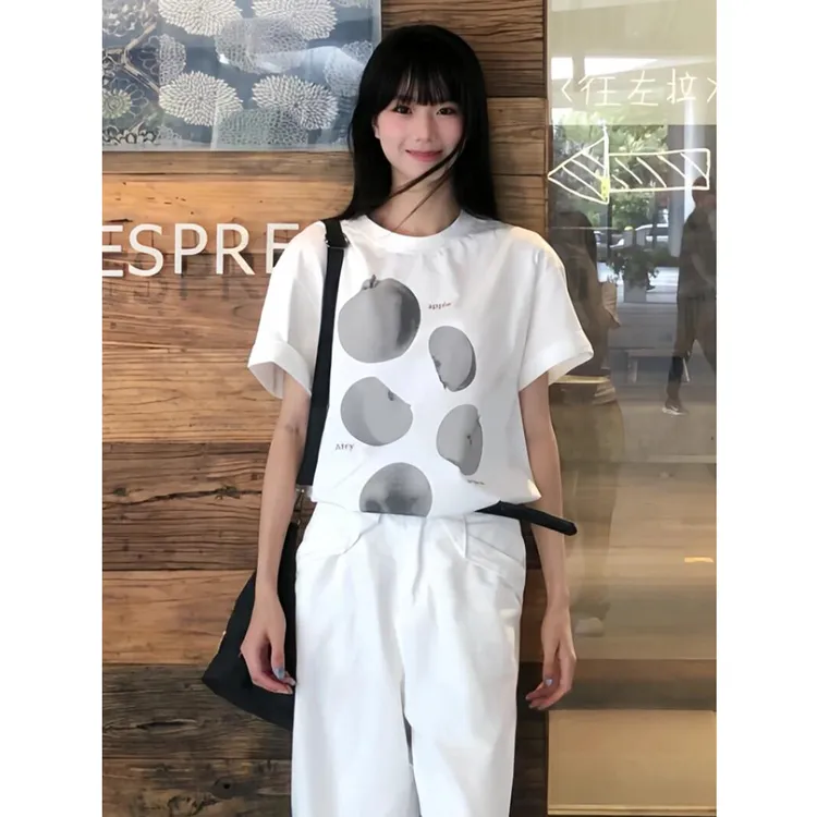 简约通勤百搭水果印花短袖T恤女夏季美式复古休闲显瘦圆领上衣