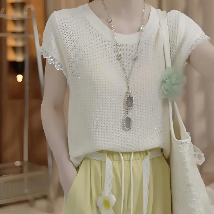 文艺感亮片蕾丝拼接袖口T恤女2025夏新今年流行小清新减龄上衣潮