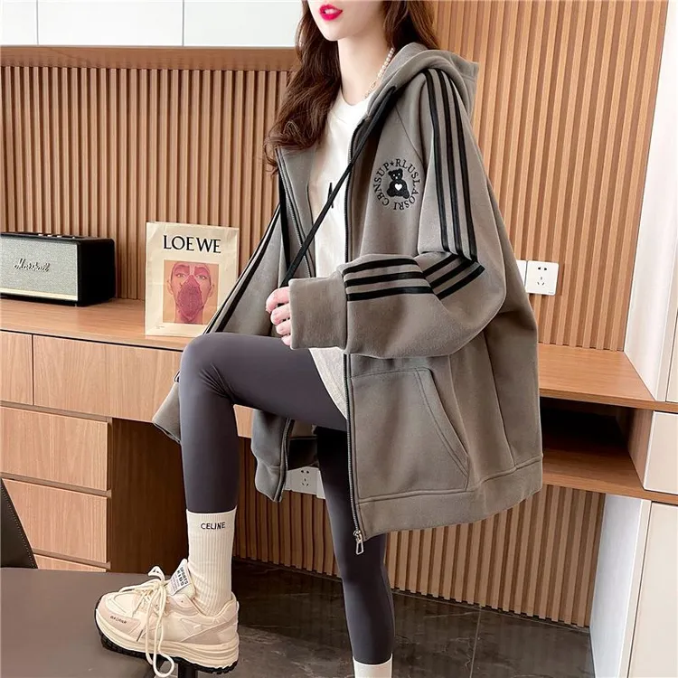 小熊刺绣拉链开衫连帽外套女春秋季薄款宽松韩版休闲百搭洋气帽衫