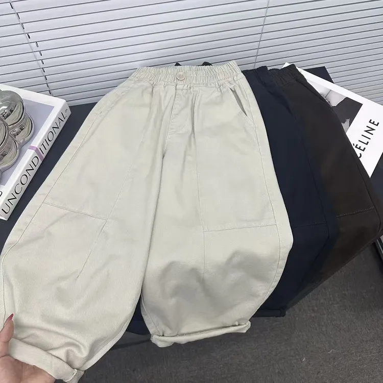儿童100%棉简约休闲弯刀裤2025秋季新款男女童韩版百搭宽松长裤潮
