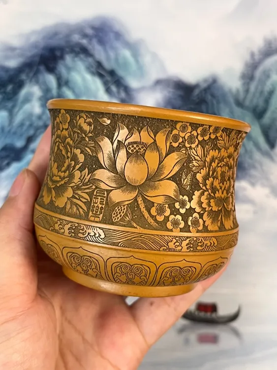 原矿紫砂葵黄朱泥双层紫砂杯主人杯茶具茶器茶杯描金品茗杯