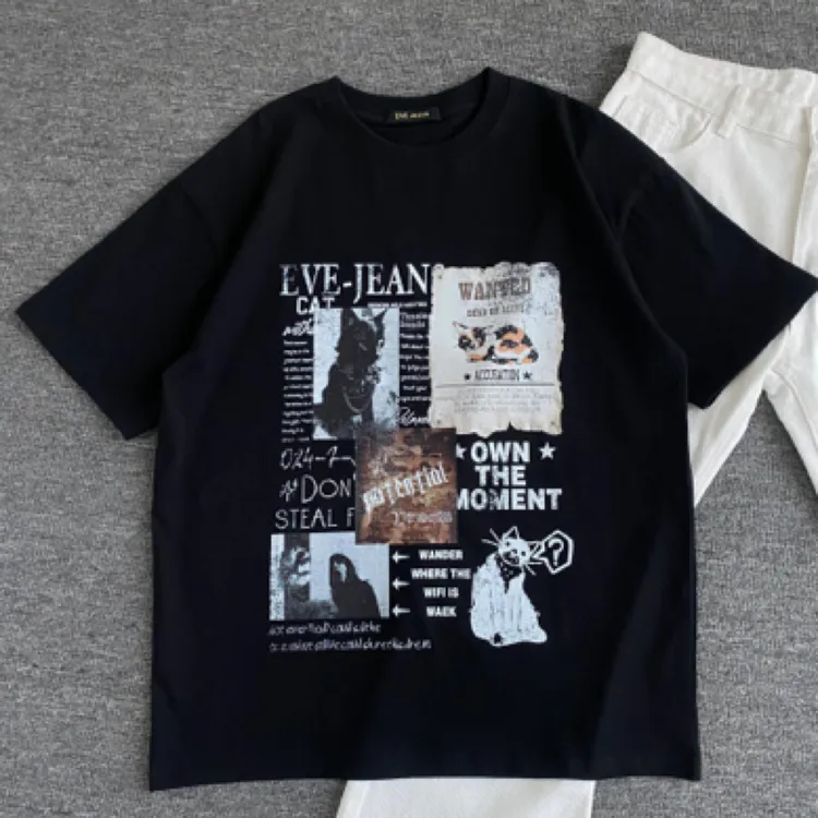 美式复古动物人物印花T恤黑色男休闲纯棉圆领短袖潮流牌cleanfit