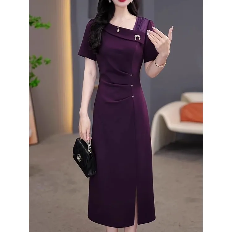 朵诗尼气质轻奢优雅高级感连衣裙2025夏季新款修身减龄百搭中长裙