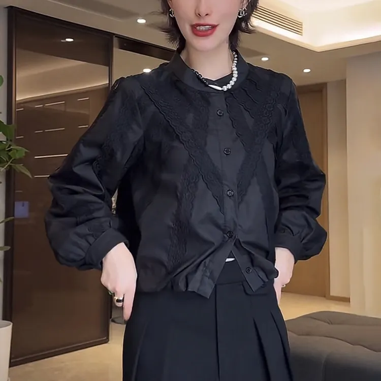 法式长袖衬衫女士2025夏季设计感洋气宽松显瘦别致高级感蕾丝上衣