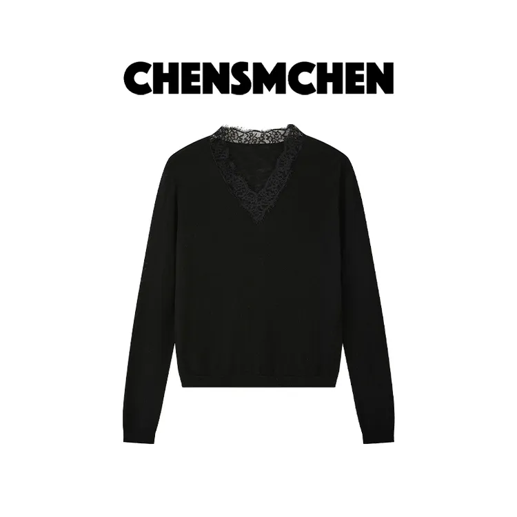 CHENSMCHEN 100绵羊毛蕾丝拼接V领针织衫女优雅大气上衣SEC6089QQ