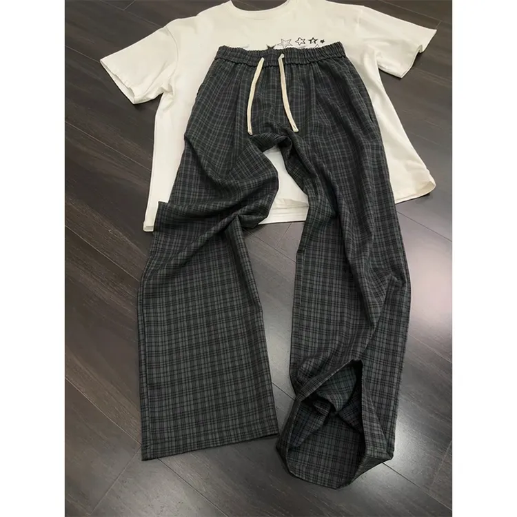 冰丝凉感格子裤男夏季薄款垂感直筒休闲速干空调裤高腰防蚊遛弯裤