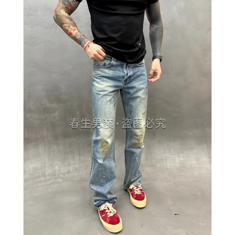 20/5早秋新款时尚休闲百搭泼墨破洞直筒拖地男士微喇裤