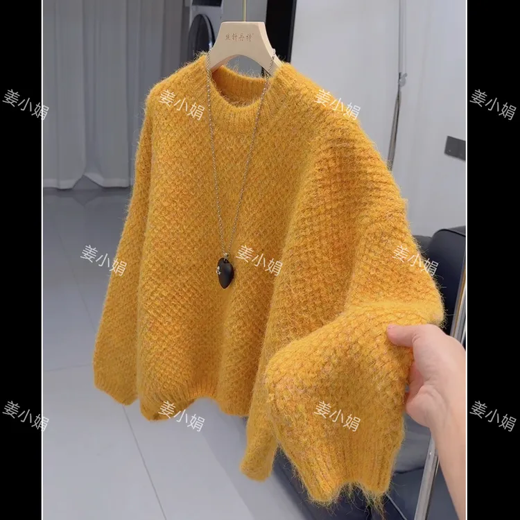 圆领洋气菠萝纹短款毛衣秋冬季新款宽松慵懒风软糯外穿针织衫打底