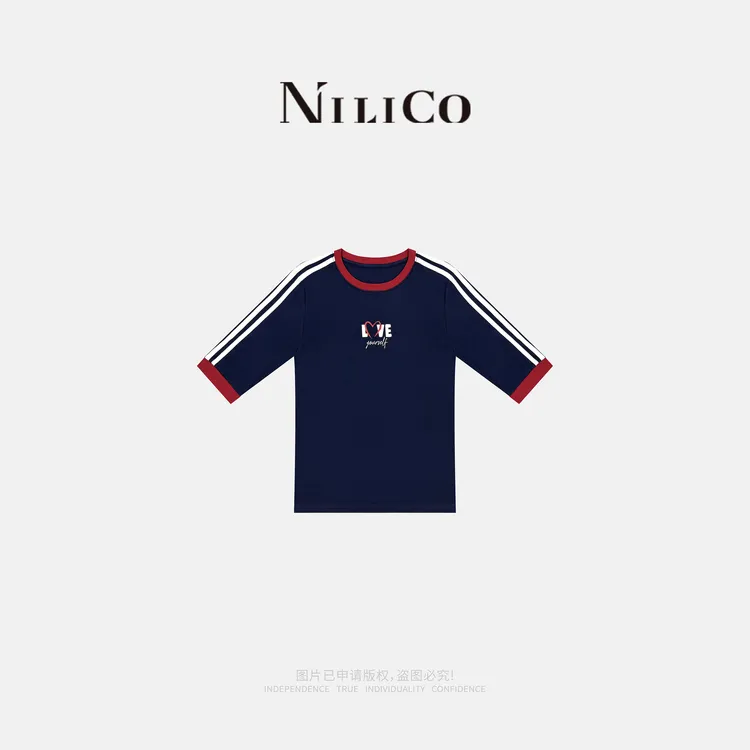 NILICO【美丽人生】夏季复古创意印花条纹撞色修身小众休闲T恤