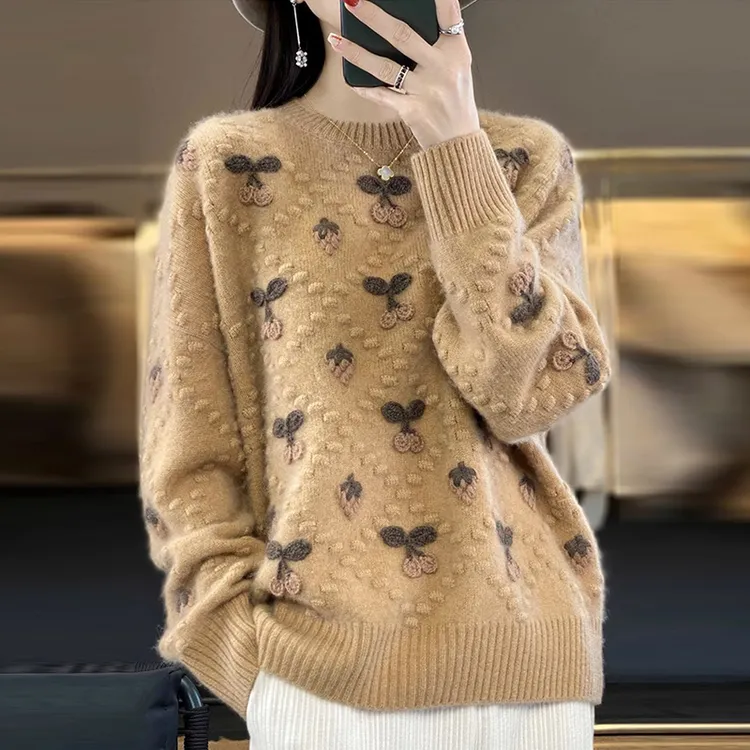 100纯羊绒衫女时尚加厚针织毛衣秋冬百搭重磅钩花宽松羊毛打底衫