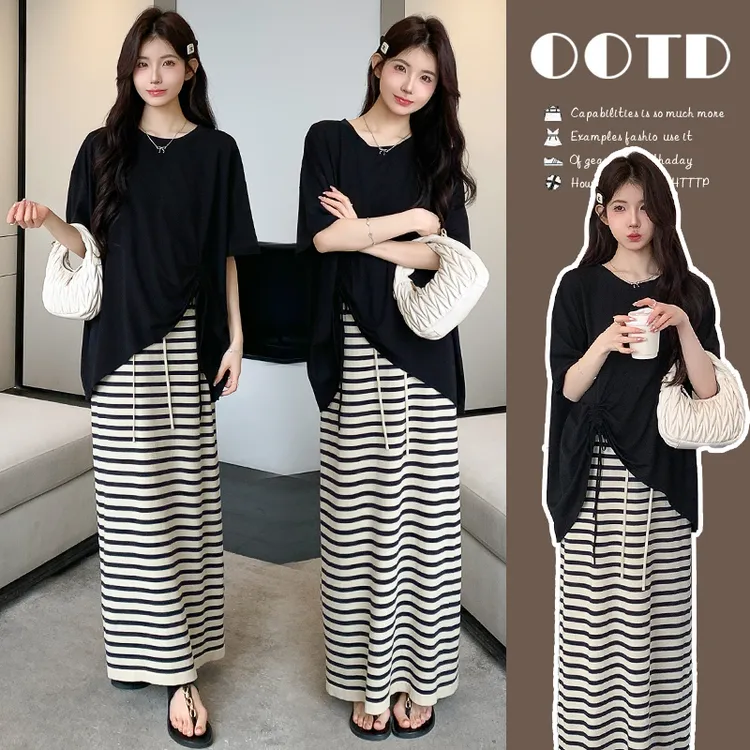 孕妇套装夏装新款时尚韩版宽松慵懒松弛感短袖T恤休闲条纹半身裙