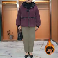 大码胖妈妈装加绒加厚灯芯绒连帽外套秋冬中老年拼色休闲拉链上衣