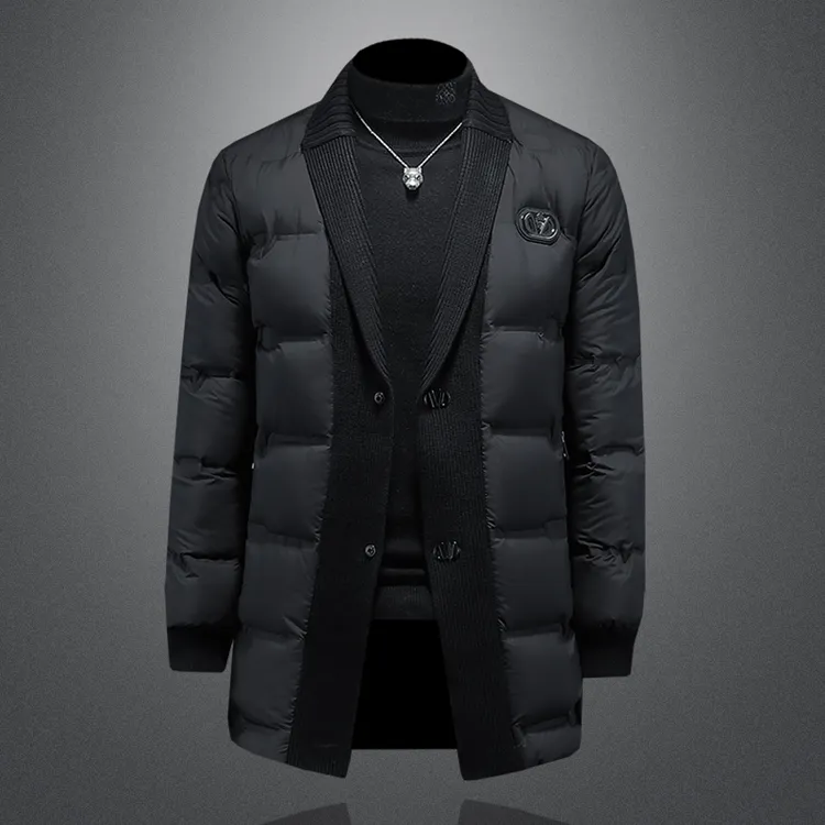 高端欧货中长款羽绒服男款冬季2025新款针织翻领白鸭绒男士外套潮